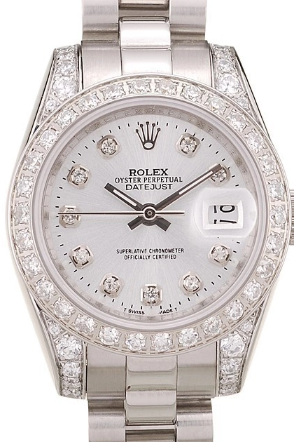 Aaa replica Brushed White DateJust Rolex Diamond Plated Dial Steel Case Diamond Stainless Bezel Plated 0816
